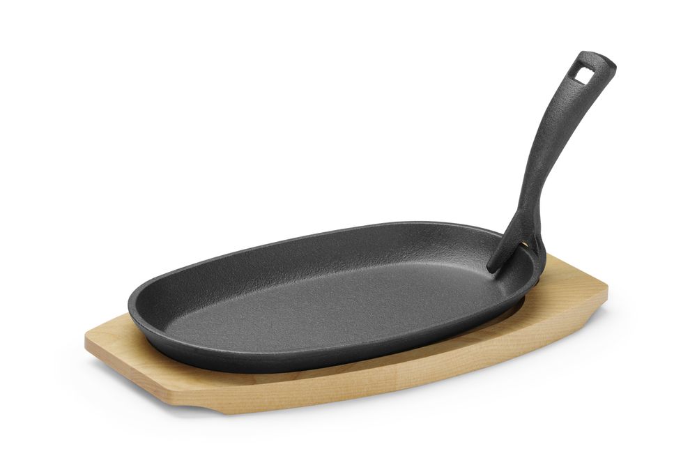 Pladanj od lijevanog željeza s drvenom podlogom i hvataljkom, HENDI, Crna, 280x140x(H)30mm