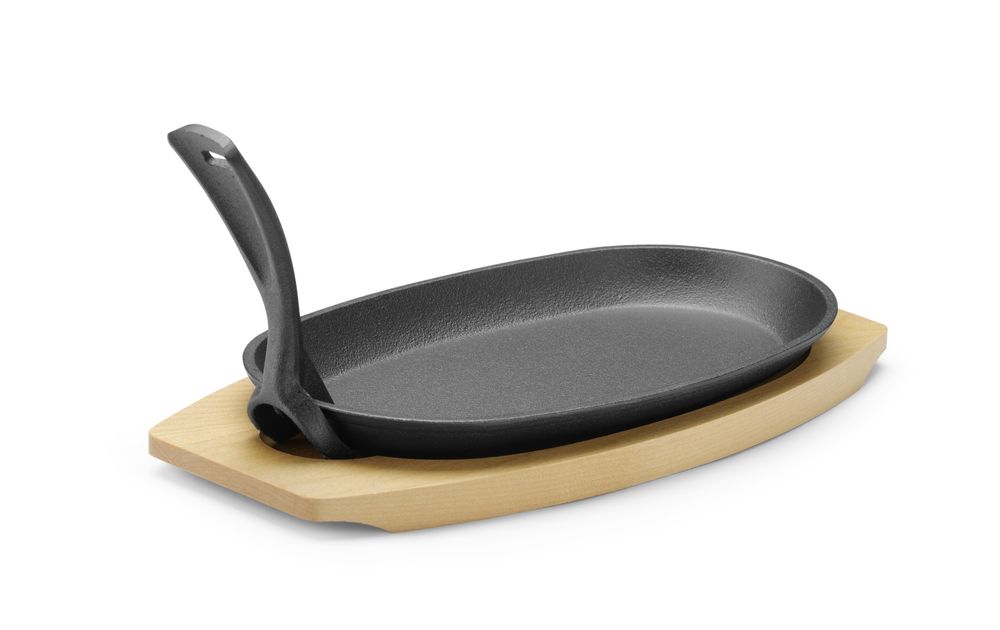 Pladanj od lijevanog željeza s drvenom podlogom i hvataljkom, HENDI, Crna, 280x140x(H)30mm
