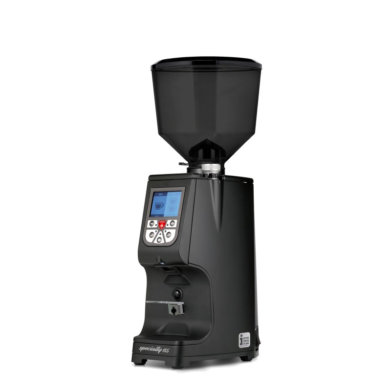 Eureka Atom Specialty 65 Black Coffee Grinder - Top - Hardened Steel - Black - Tall Smoked Hopper - 220 V