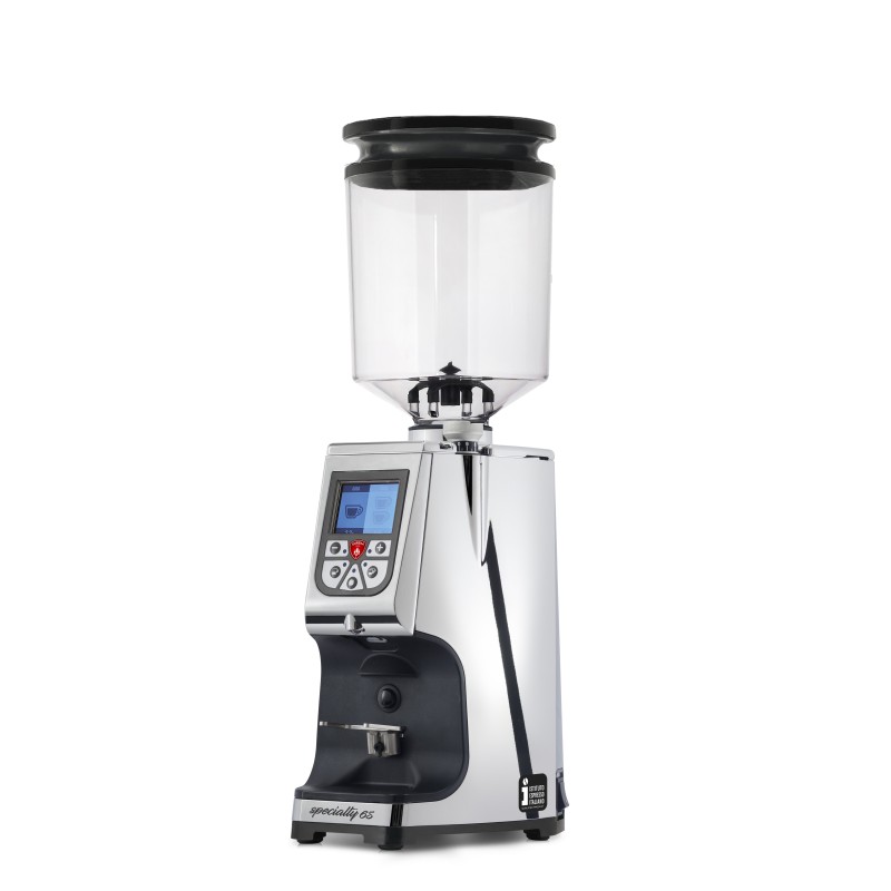 Eureka Atom Specialty 65 Chrome Coffee Grinder - Hardened Steel - Chrome - Blow Up Tall Hopper - 220 V