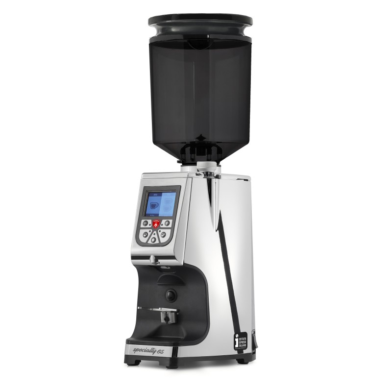 Eureka Atom Specialty 65 Chrome Coffee Grinder - Hardened Steel - Chrome - Blow Up Tall Smoked Hopper - 110 V
