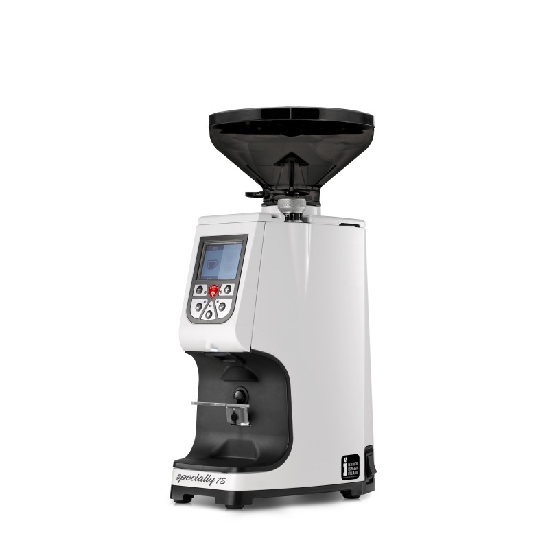 Eureka Atom Specialty 75 White Coffee Grinder - Premium - Red Speed - White - Short Smoked Hopper - 220 V