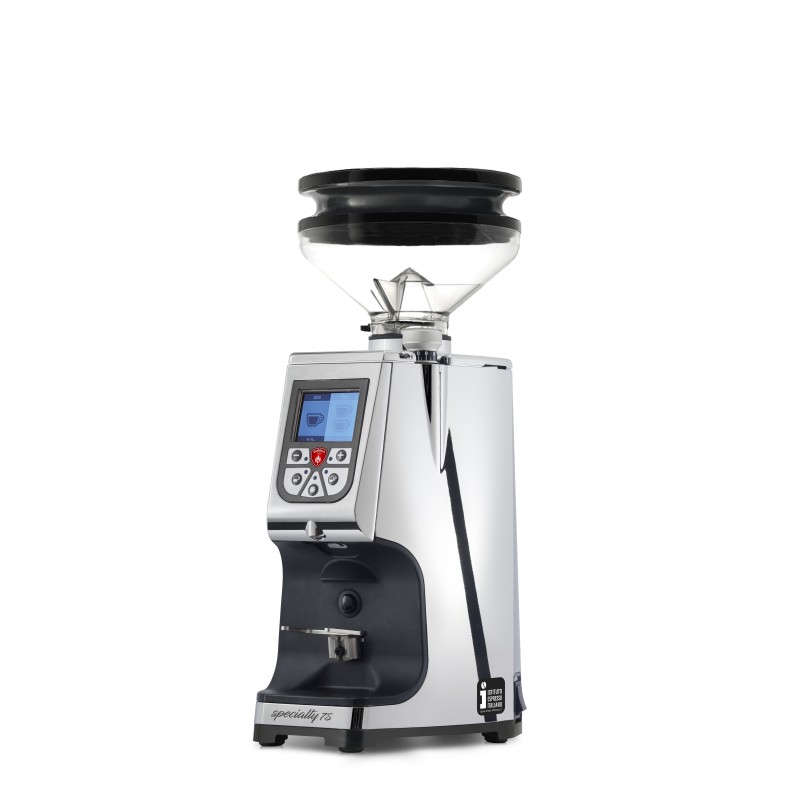 Eureka Atom Specialty 75 Chrome Coffee Grinder - Quiet Power - Hardened Steel - Chrome - Blow Up Short Hopper - 220 V