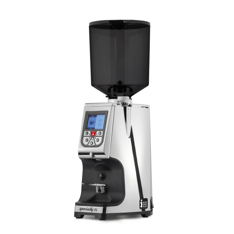 Eureka Atom Specialty 75 Chrome Coffee Grinder - Quiet Power - Red Speed - Chrome - Tall Smoked Hopper - 110 V