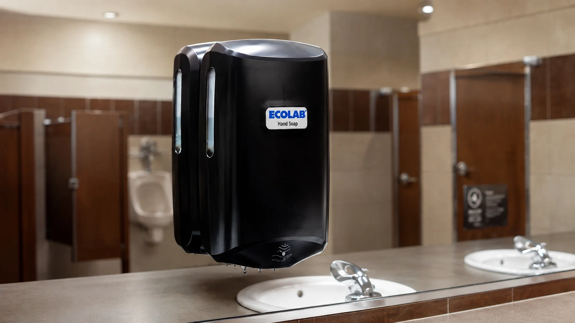 Café restroom sink area with a commercial hand soap dispenser, mirror, paper towel dispenser, and organized refill stock stored in an open cabinet