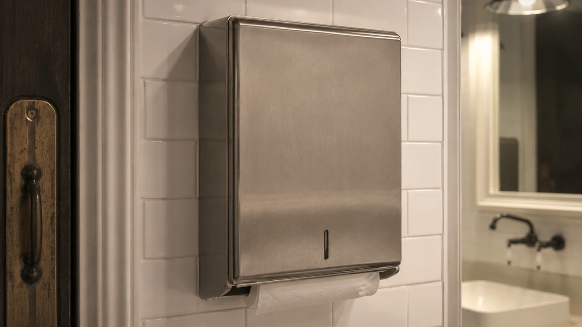Clean café restroom sink area with a paper towel dispenser, soap dispenser, waste bin, mirror, and organized backup paper towel stock in an open cabinet