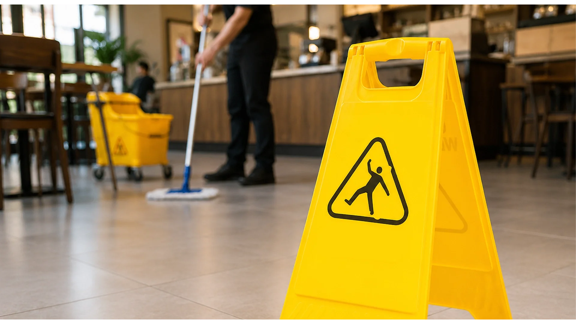 Clean café restroom with a wet floor warning sign, mop, bucket, waste bin, and sink area prepared for routine cleaning