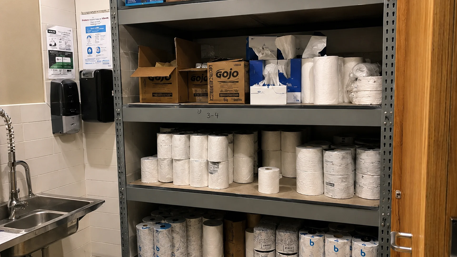 Café staff member checking restroom supply stock on a clipboard, with toilet paper, paper towels, cleaning products, and refill packs organized on storage shelves