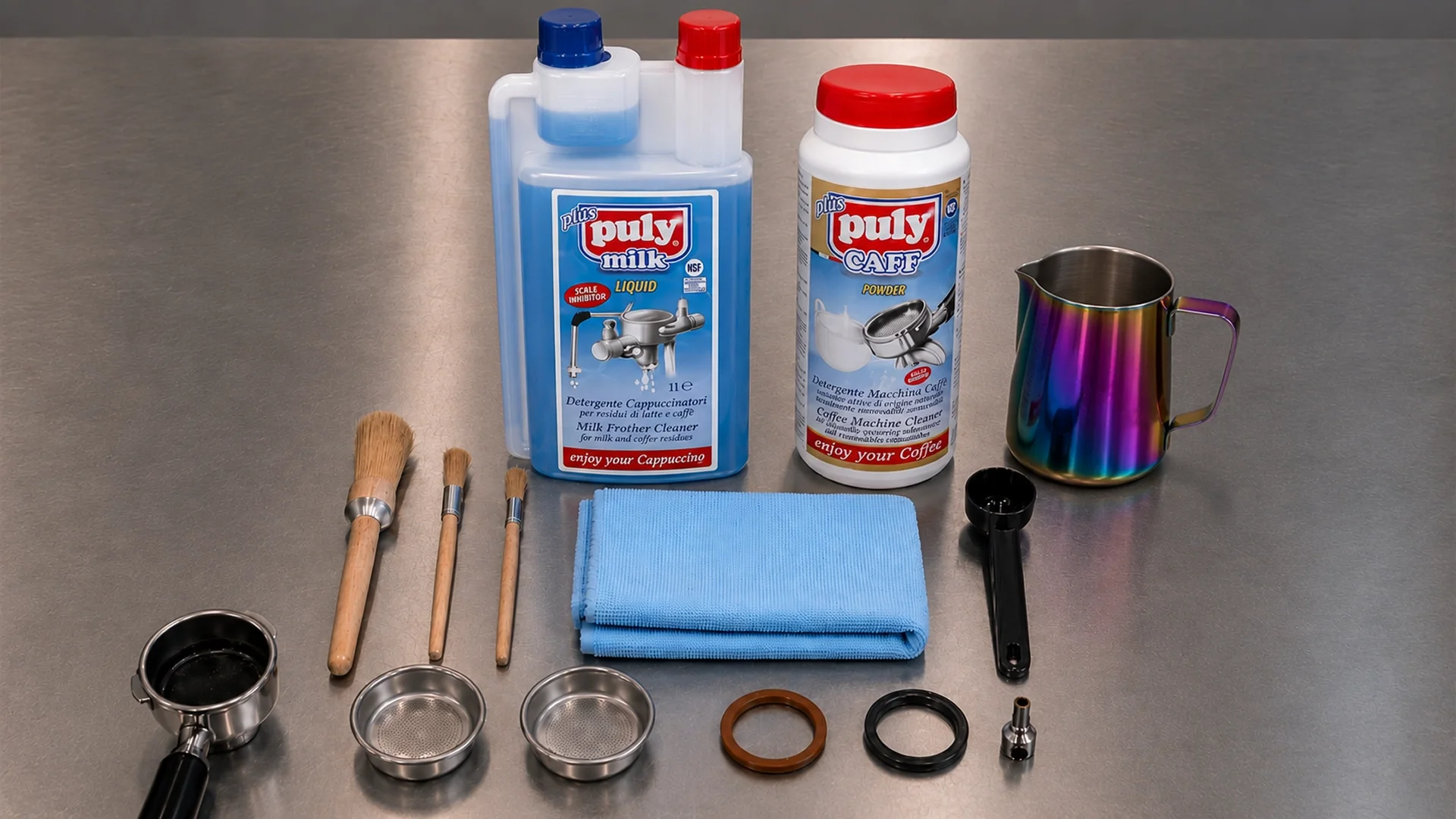 Espresso machine cleaning tools and supplies arranged on a stainless-steel café counter, including cleaning powder, cloths, brush, portafilter baskets, and soaking container