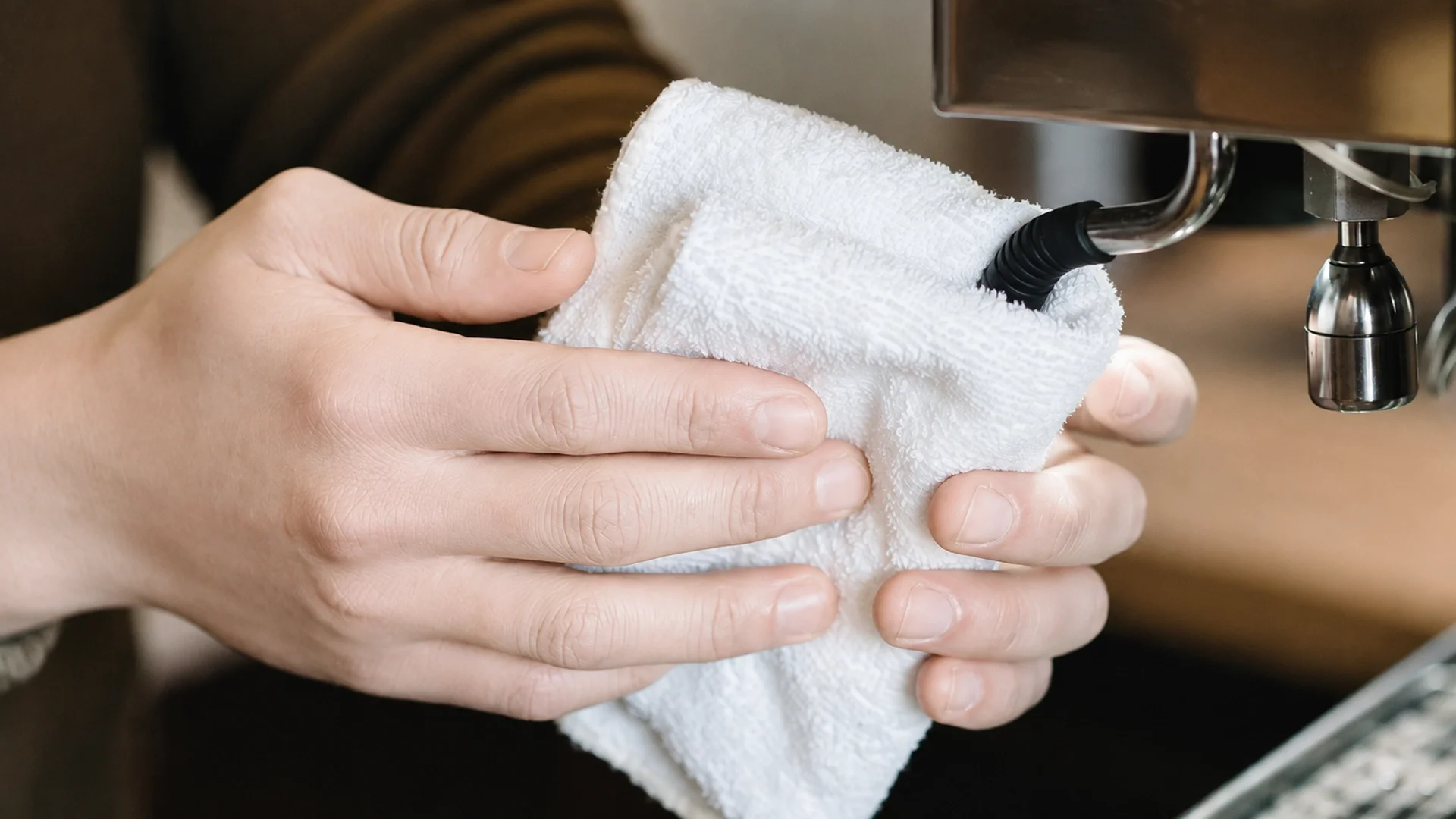 Café staff member wiping the steam wand of a commercial espresso machine with a cloth during routine cleaning